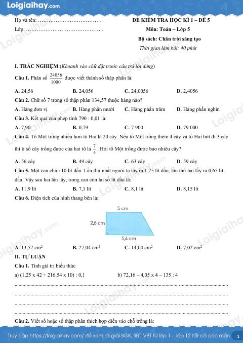 Đề kiểm tra học kì 1 Toán 5 Chân trời sáng tạo - Đề số 5